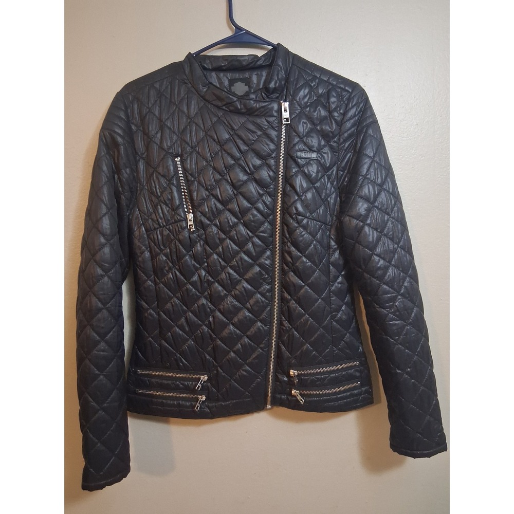 Harley-Davidson Womens Black Quilted Puffer Moto Jacket Asymmetrical Zip Small
